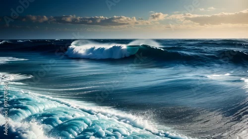 Majestic ocean waves crashing and churning with spray against a backdrop of clouds and sky