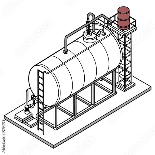 A large cylindrical tank on a metal frame with a tower