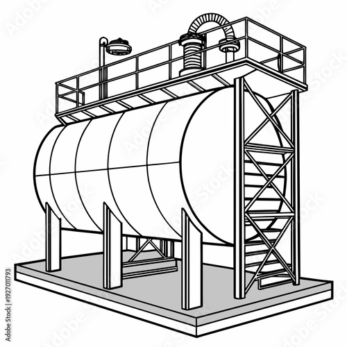 Industrial storage tank facility with cylindrical tanks and metal structure