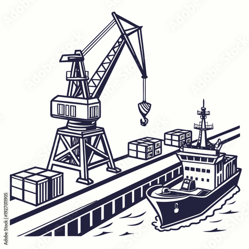 A cargo ship is docked at a port with a crane
