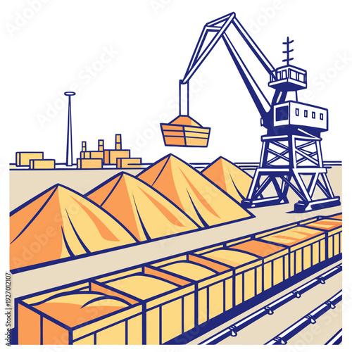 A large crane is lifting a container near train cars and piles of sand