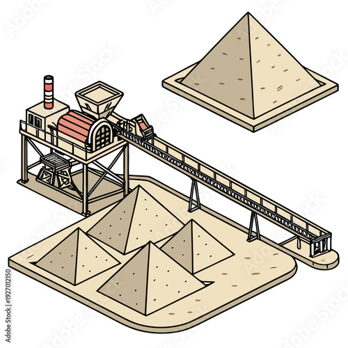 A conveyor belt depositing sand into pyramid shaped piles