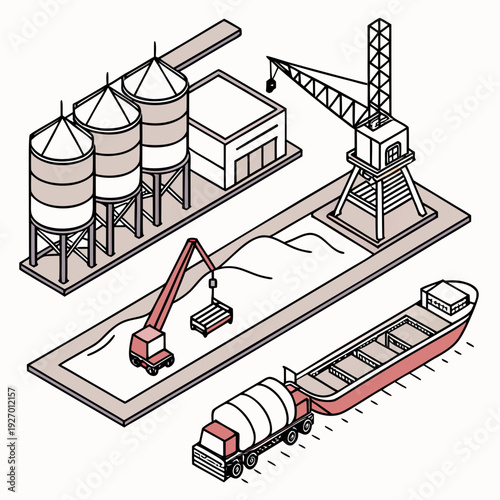 A construction site with a crane and a barge