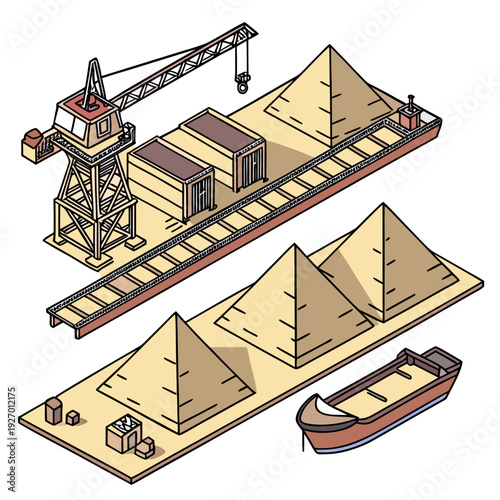 A pixel art illustration of a cargo ship with pyramids