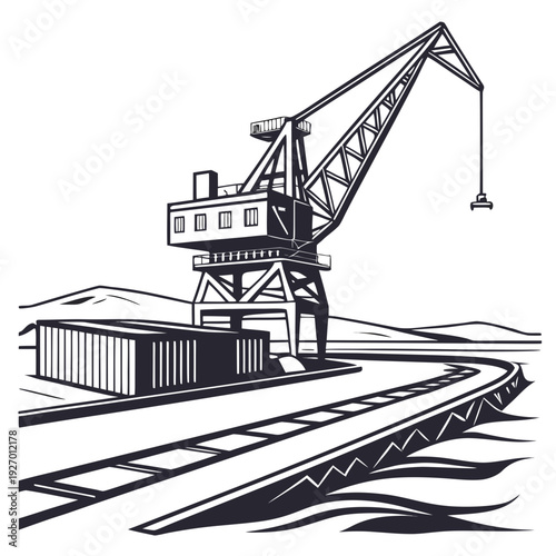 A crane is lifting a container on a railroad track