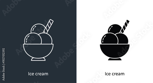 Two simple illustrations of a bowl of ice cream with a spoon, one in white outline on a dark background and the other in solid black on a white background.