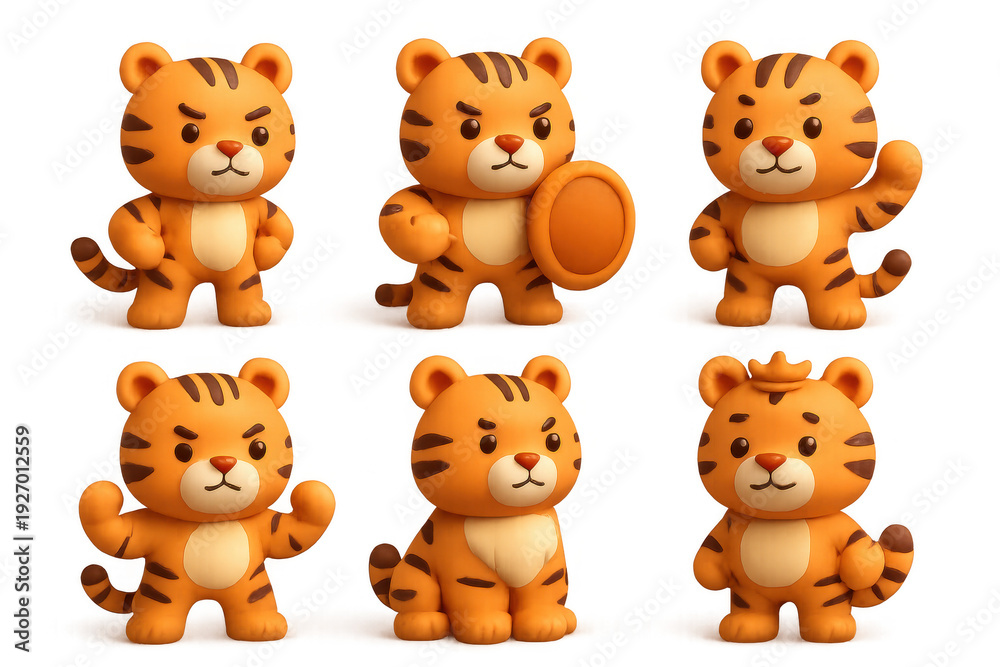 Fototapeta premium Cute cartoon tigers in various poses, a playful collection of adorable characters