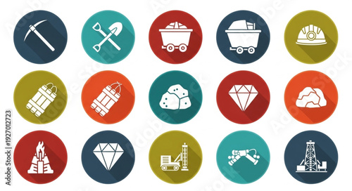 Mining industry icons set, representing tools and resources for extraction and construction.