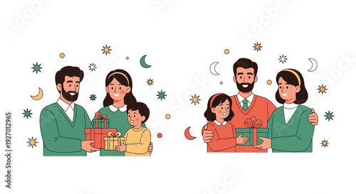 Two families celebrating with gifts and festive decorations during a holiday
