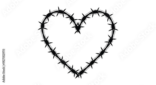 A stark black heart shape meticulously crafted from barbed wire presenting a poignant visual paradox silhouette high quality
