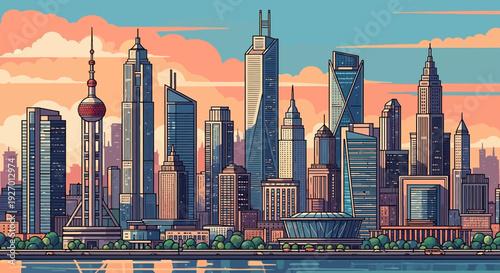 Modern City Skyline with Skyscrapers and Waterfront at Sunset, Urban Landscape Illustration