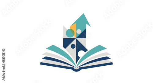 Open Book with Geometric Shapes Rising.