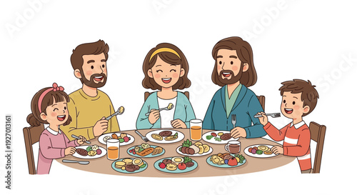 A happy family enjoys a meal together around a circular table