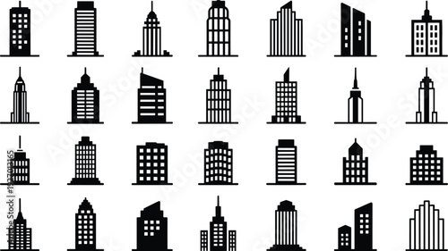 Modern city skyline building icon collection featuring diverse skyscraper silhouettes for urban architecture, real estate, navigation, and infographic design