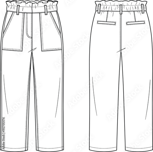 Technical fashion illustration of wide leg pants front and back view with high waist elastic waistband belt loops patch pockets welt pockets and topstitching details