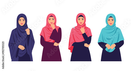 Four women wearing hijabs in different colors posing in a row