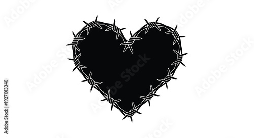 A stark black heart shape is formed by barbed wire creating a poignant contrasting image silhouette high quality