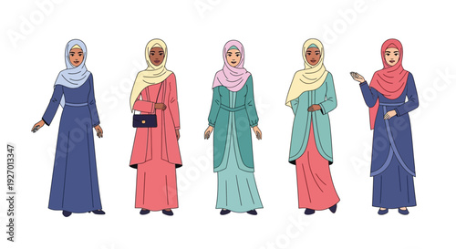 Five women wearing different styles of hijabs and traditional clothing