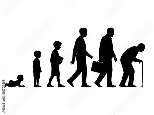 Black silhouettes showing progression from baby to elderly person