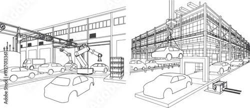 Automobile Manufacturing Plant Vector Black Line Art Illustration, Car Factory Assembly Line, Industrial Automotive Production Facility Outline Drawing Isolated on White Background for Engineering, In