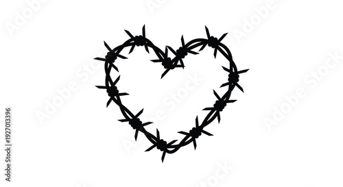 A stark black heart shape is formed from twisted barbed wire conveying pain and love silhouette