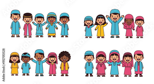 Diverse group of cartoon children wearing traditional middle eastern clothing