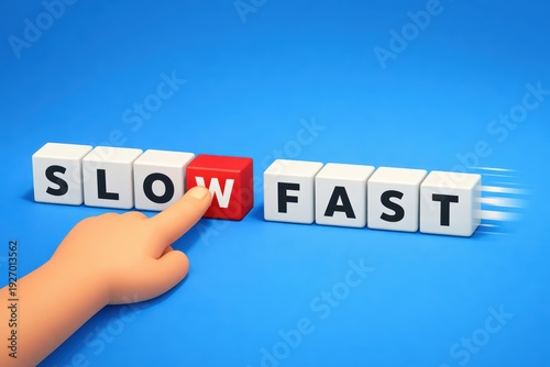 Changing Pace: A child's finger rests on the red block in the word slow, illustrating the dynamic concept of change and control over speed.