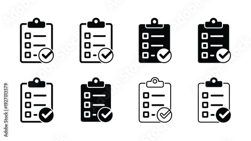  Checklist and clipboard vector icon set featuring flat, glyph, solid and line style productivity task management symbols