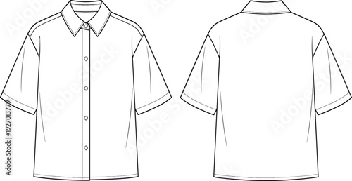 Technical flat sketch of short sleeve button up shirt front and back view with pointed collar button placket seam details ideal for fashion apparel garment design illustration