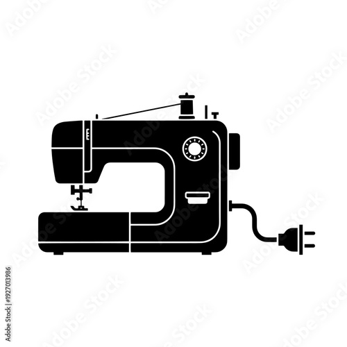 Electric Sewing Machine Icon Vector – Black and White Modern Sewing Machine Illustration, Tailoring Equipment Symbol, Minimal Outline Stitching Machine Icon for UI, App, Web and Print Design