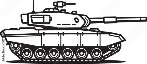 Black and white of a military tank with a large cannon and tracks also transparent background vehicle