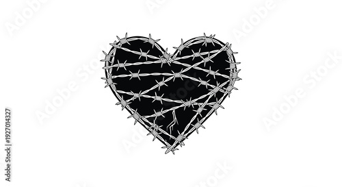 A stark black heart shape is constructed from jagged barbed wire creating a painful silhouette high quality professional