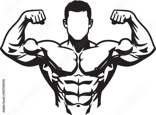 Black and white of a muscular man flexing biceps and showing abdominal muscles also transparent background