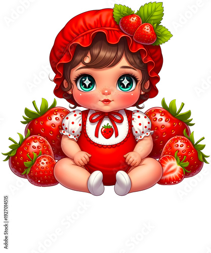 Cute Baby Girl in Strawberry Outfit Surrounded by Strawberries, isolated on transparent background
