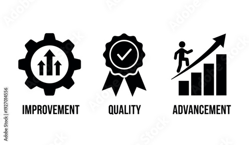 Black icons of improvement, quality, and advancement on for business concepts and goals