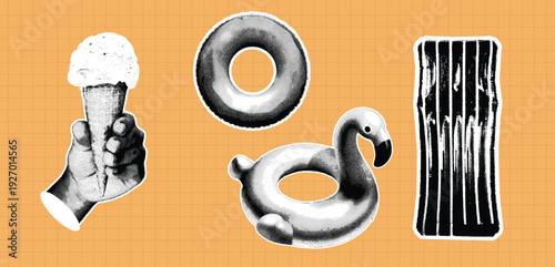 Retro vintage pop art comic style halftone collage summer holiday vacation banner Summer beach accessories collection with ice cream flamingo float and inflatable ring halftone collage style