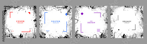 Vector illustration. Grunge ink splatter frames. Abstract square border with halftone textures, paint drips, and geometric accents for edgy web banners, social media templates, blog posts