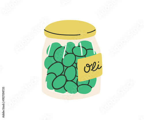 Flat Hand drawn jar with green olives and olive brunch. Italian food bold illustration.