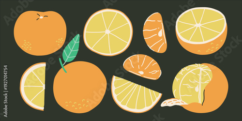 Fresh orange fruit set with leaves and slices. Collection of ripe citrus elements in flat bold style. Natural healthy fresh food.
