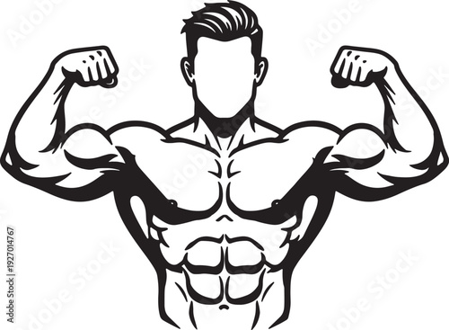 Black and white of a muscular man flexing biceps and showing abs also transparent background bodybuilder