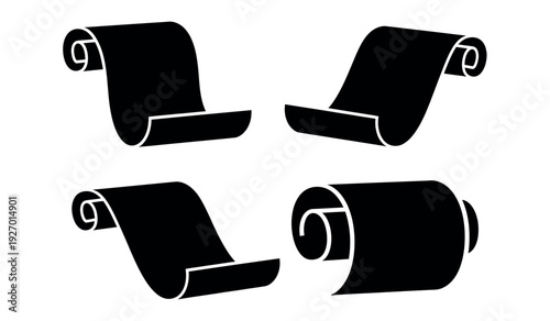 Four black rolled up papers with white outlines on a plain