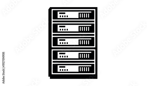 A black and white illustration of a computer server stack with multiple levels and various ports
