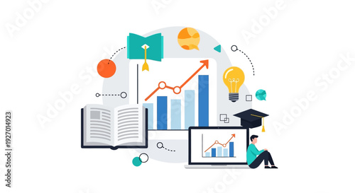 Online Learning and Career Growth Success Illustration. Student Education Technology Achievement with Rising Data Graph.