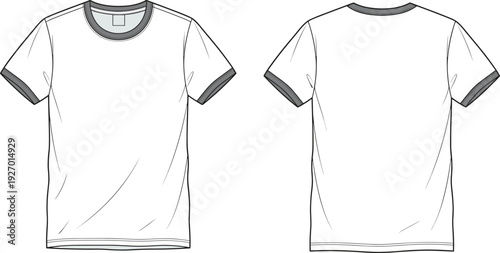 Technical fashion illustration of short sleeve t shirt front and back view with contrast neckline sleeve trim and plain design ideal for apparel garment sketch