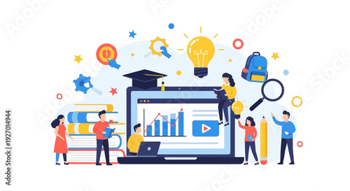 E-Learning and Online Education Concept: Digital Classroom, Student Knowledge Acquisition, Academic Achievement, and Distance Learning Flat Vector Illustration.