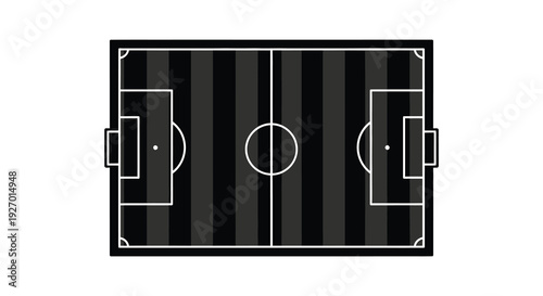 An aerial view depicts a soccer field with striking black and white stripes a stark silhouette high quality