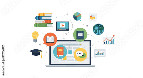 Online Education E-learning Platform Concept. Distance Study Network, Knowledge Transfer, EdTech Ecosystem flat vector illustration.