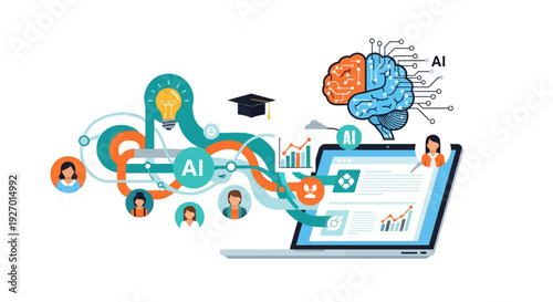 AI Education and Learning Technology Concept. Artificial Intelligence Brain, Data Analysis, and Collaborative E-learning Network Flowing from Laptop.