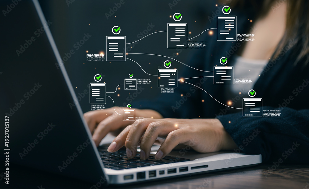 Fototapeta premium Digital workflow automation with verified document approval system, representing business process optimization, online collaboration, and secure enterprise management technology.
