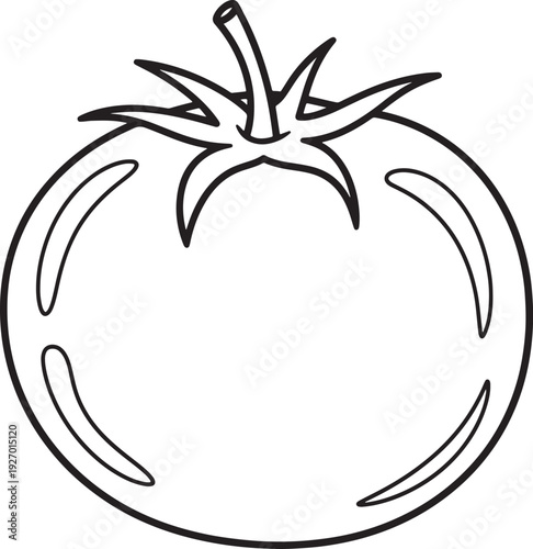 Black and white outline of a single ripe tomato with stem and leaves also transparent background fruit